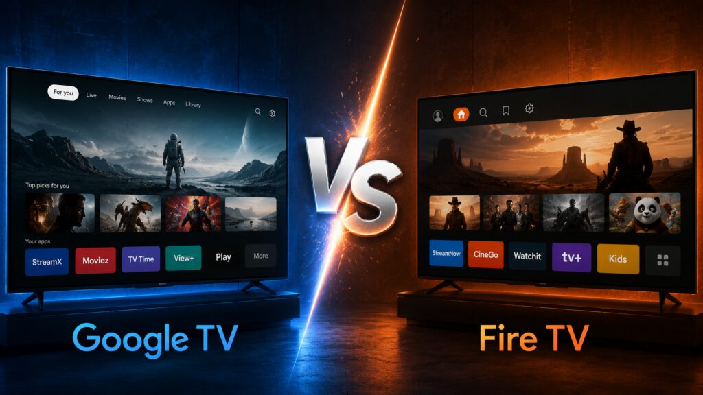 Comparação entre Google TV e Fire TV em Smart TVs modernas com símbolo VS ao centro.