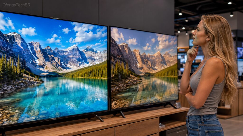 Mulher comparando a qualidade de imagem entre duas Smart TVs em loja de eletrônicos.