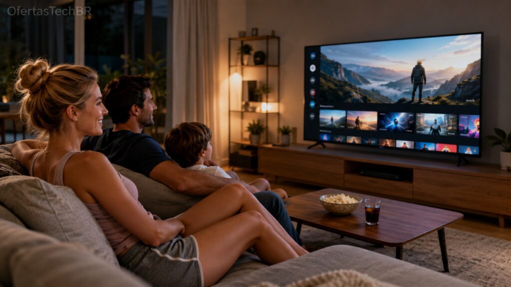 Família assistindo feliz a uma Smart TV em sala moderna e aconchegante.