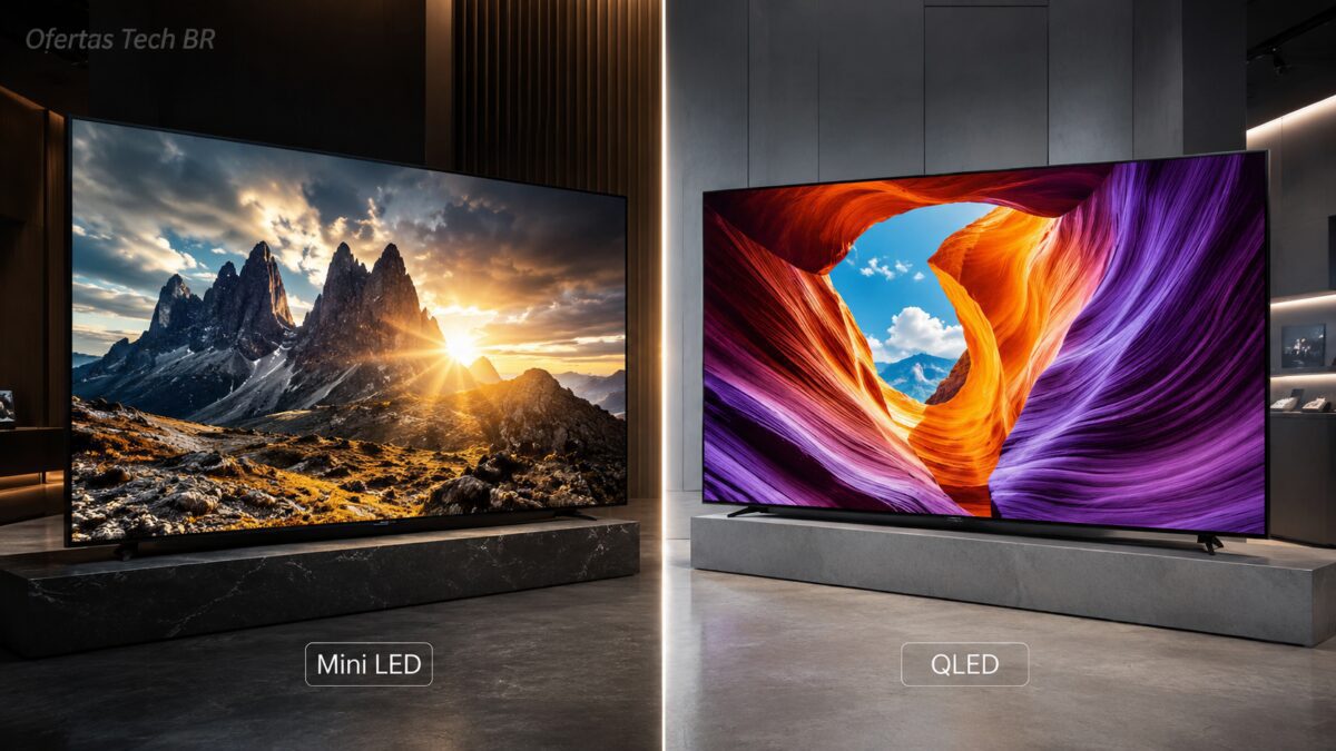Comparação entre TVs Mini LED e QLED em imagem dividida com foco em qualidade de imagem.