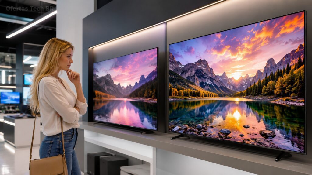 Mulher comparando duas Smart TVs em loja de eletrônicos para avaliar Mini LED e QLED.