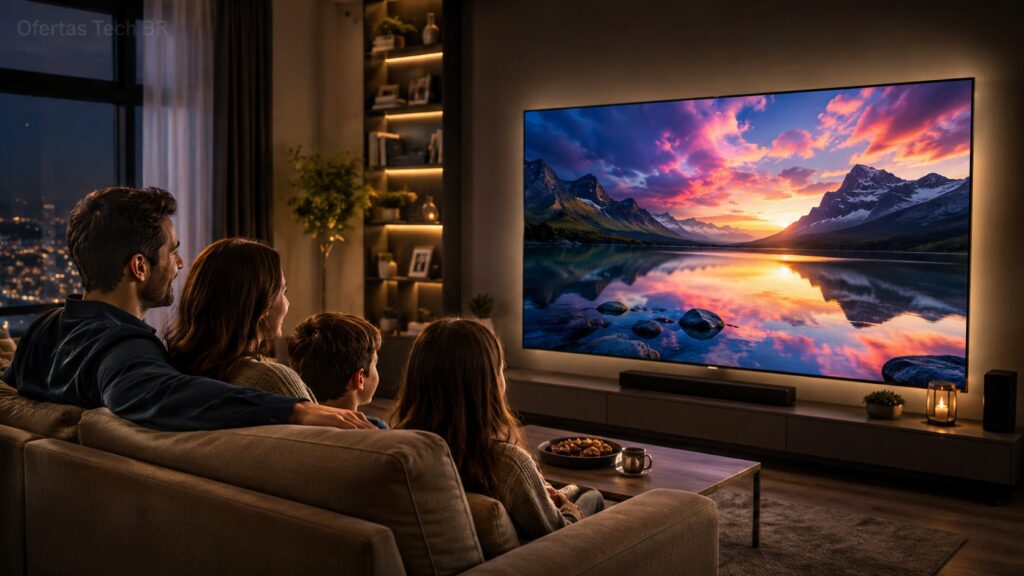 Família assistindo feliz a uma Smart TV grande em uma sala moderna e aconchegante.