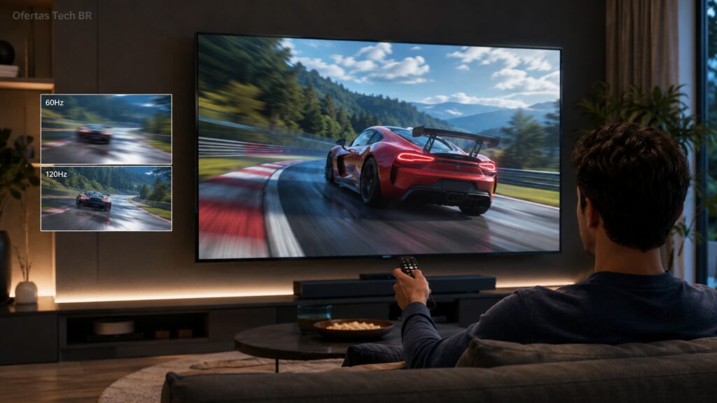 Homem assistindo corrida em Smart TV com comparação entre 60Hz e 120Hz.