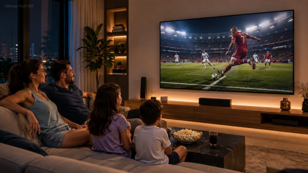 Família assistindo futebol em uma Smart TV grande na sala de casa.