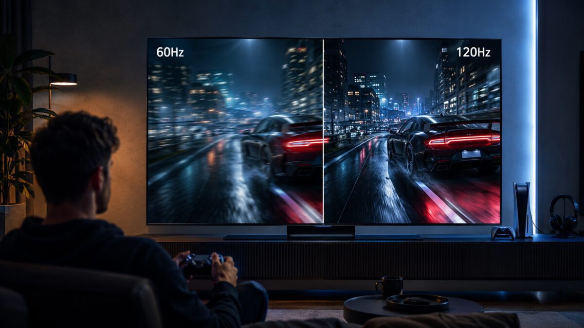 Jogador comparando TV 60Hz e 120Hz em jogo de corrida na sala gamer.
