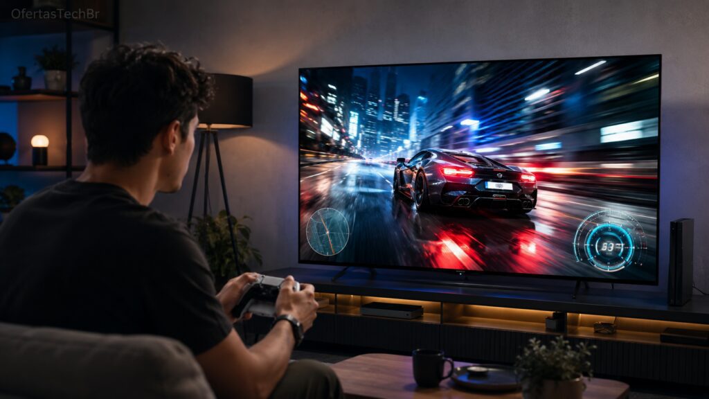 Jogador usando controle em Smart TV com jogo de corrida para mostrar a diferença do 120Hz.
