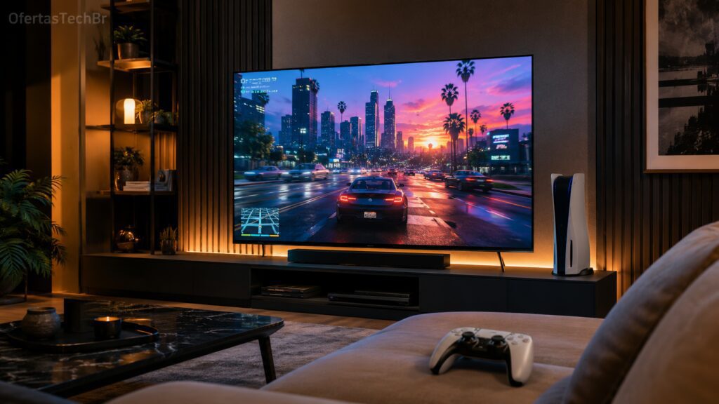 Sala premium com Smart TV grande, console ao lado e controle no sofá exibindo jogo de mundo aberto.