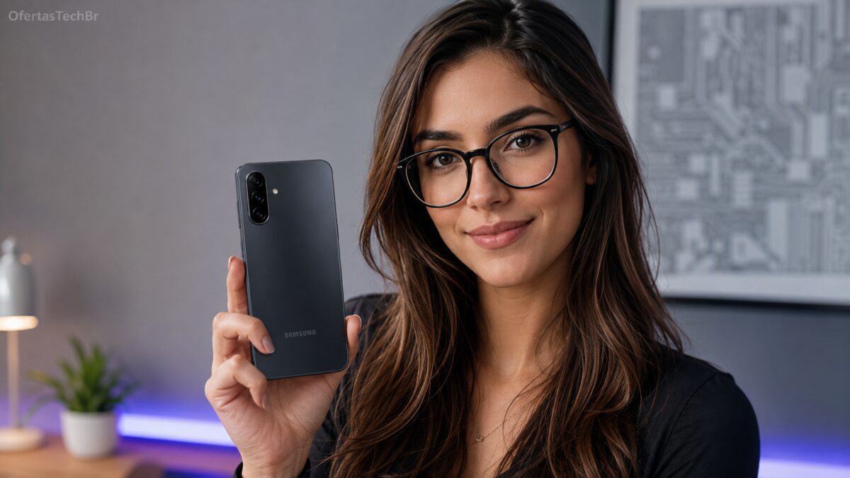 Mulher segurando smartphone Samsung Galaxy A07 5G em ambiente moderno.
