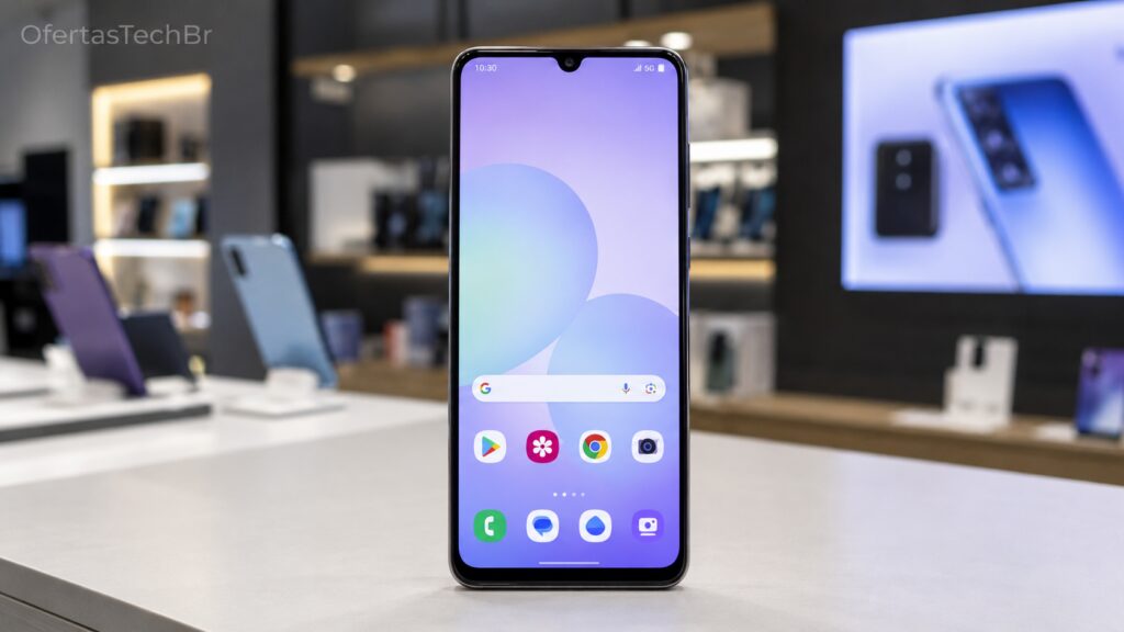 Galaxy A07 5G de frente sobre balcão em loja de eletrônicos.