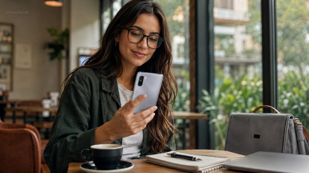 Mulher usando Galaxy A07 5G em cafeteria moderna no dia a dia.