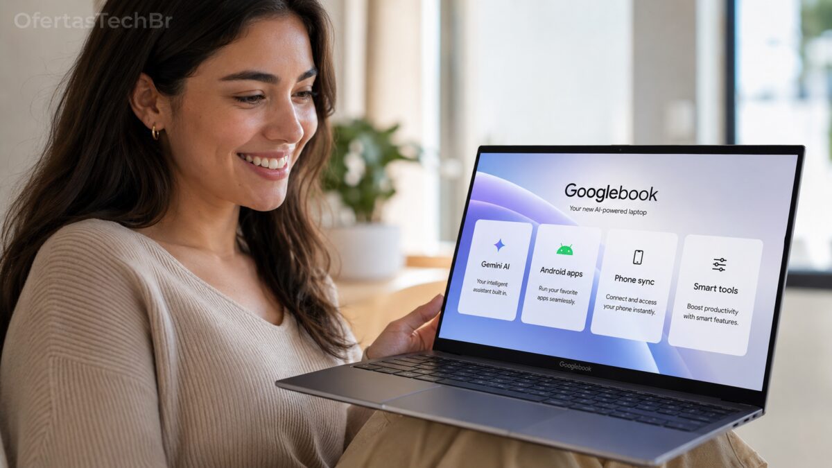 Mulher usando o Googlebook com novidades e recursos de IA aparecendo na tela.