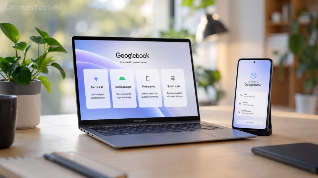 Googlebook conectado a celular Android mostrando recursos de IA e sincronização.