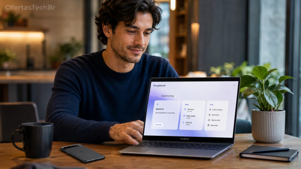 Homem usando Googlebook com recursos de inteligência artificial em cafeteria moderna.