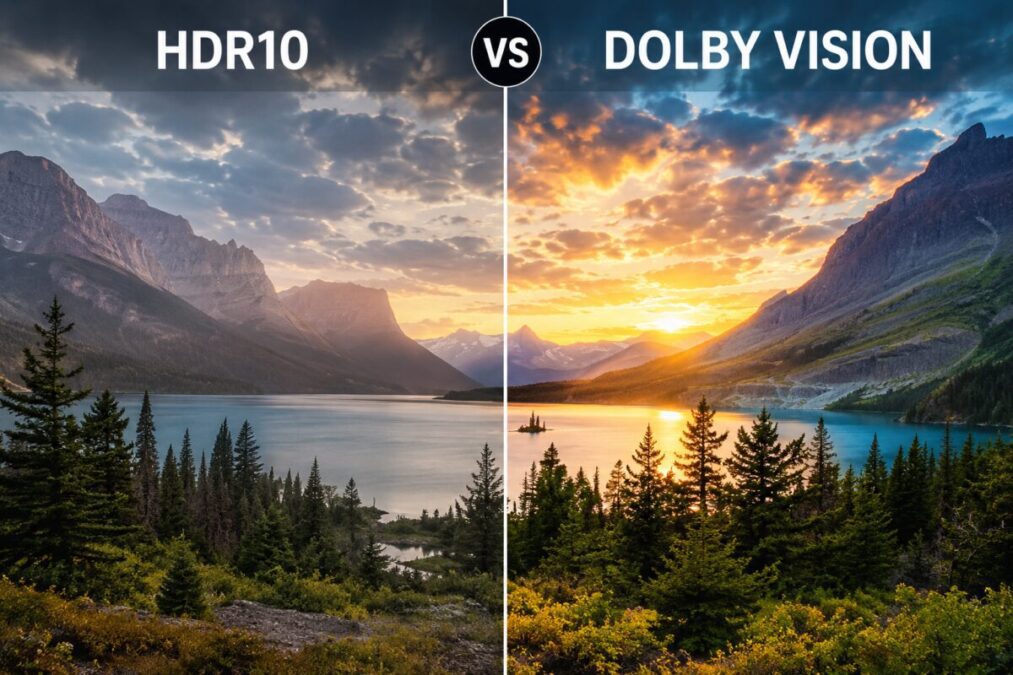 Comparação visual entre HDR10 e Dolby Vision mostrando diferença de brilho, contraste e cores.