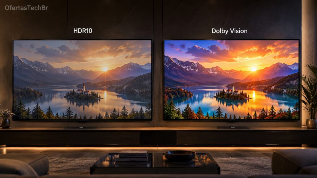 Duas Smart TVs comparando HDR10 e Dolby Vision em uma sala moderna.