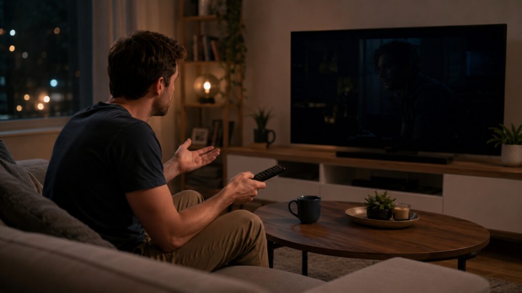 Homem assistindo Smart TV com imagem escura em uma sala iluminada pela luz do dia.