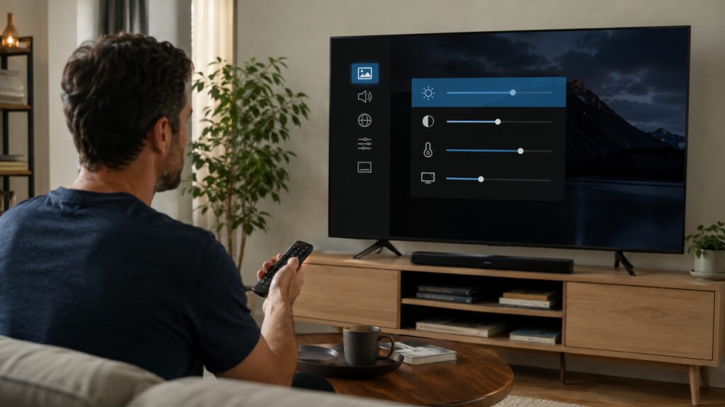 Homem assistindo Smart TV com imagem escura em uma sala iluminada pela luz do dia.