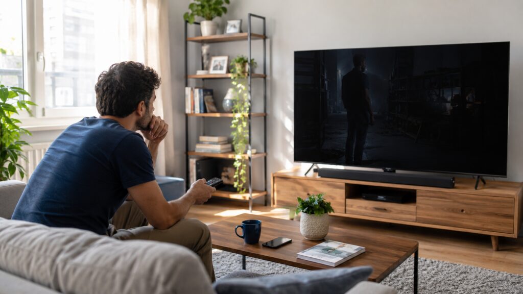 Homem sentado no sofá tentando assistir uma Smart TV com imagem escura na sala à noite.