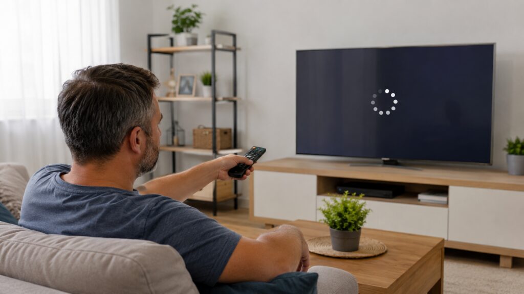 Homem sentado no sofá olhando para Smart TV com tela de carregamento.