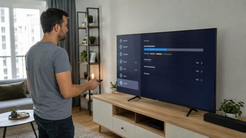 Homem em pé verificando configurações de armazenamento em uma Smart TV com Google TV.