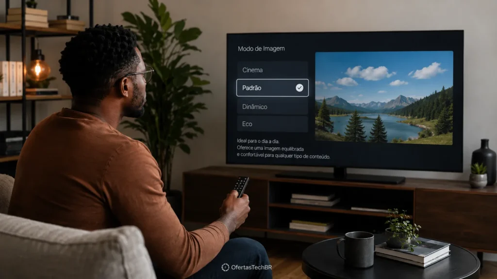 Jovem usando óculos seleciona o modo Padrão nas configurações de imagem da Smart TV.