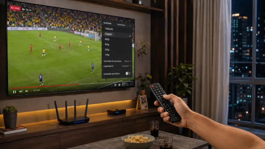 Mão segurando controle remoto apontado para uma TV com jogo ao vivo no YouTube e menu de qualidade aberto na tela.