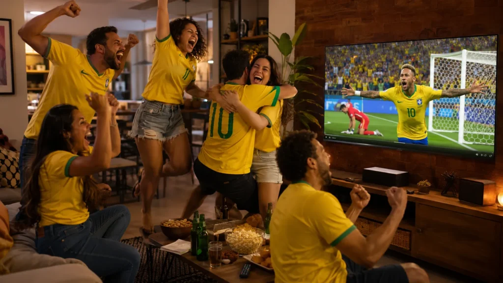 Grupo de torcedores do Brasil pulando e comemorando em casa enquanto a TV mostra um gol da seleção brasileira em transmissão ao vivo sem travamentos.