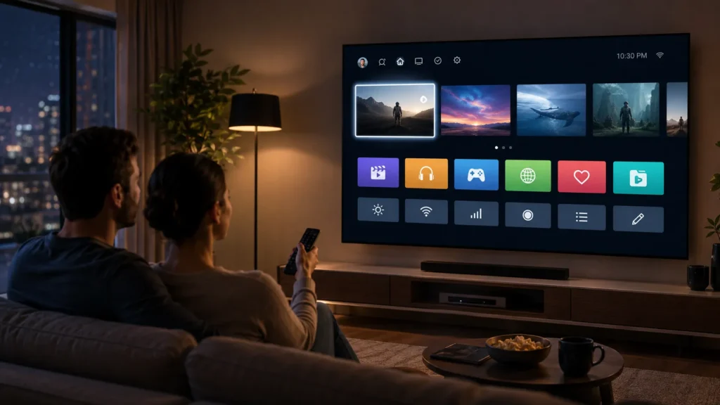 Casal usando Smart TV com sistema rápido e interface moderna