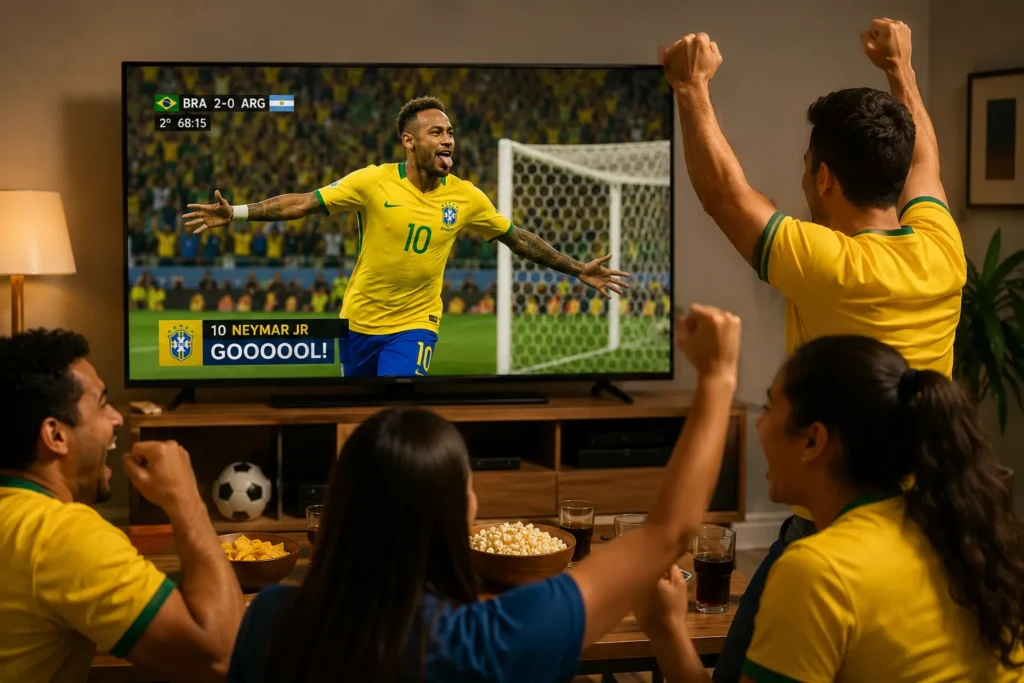 Torcedores brasileiros comemorando em casa enquanto a Smart TV exibe um gol do Brasil em transmissão ao vivo sem travamentos.