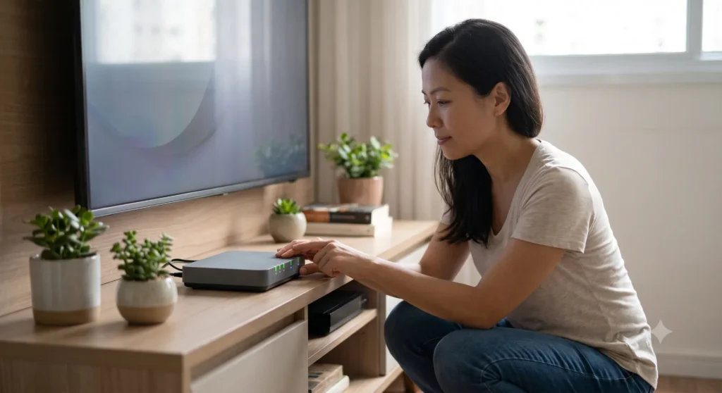 Mulher asiática agachada em uma sala de estar diurna, verificando as luzes de um roteador Wi-Fi moderno.