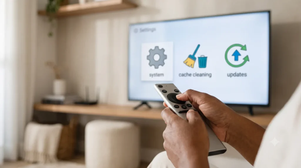Close-up nas mãos de uma mulher negra segurando um controle remoto em frente a uma Smart TV exibindo tela de configurações e limpeza de cache.