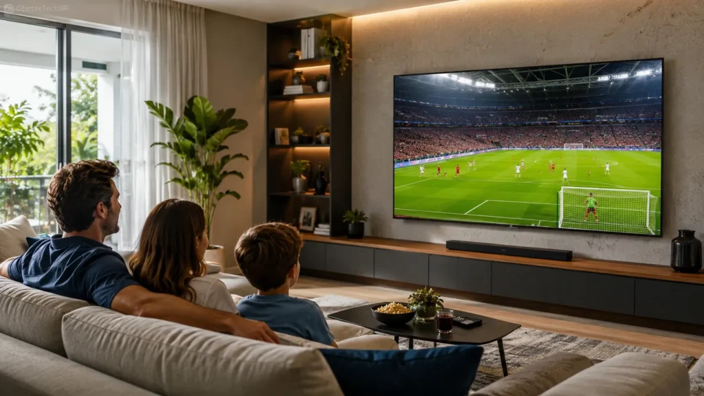 Família assistindo futebol em uma Smart TV grande em sala moderna.