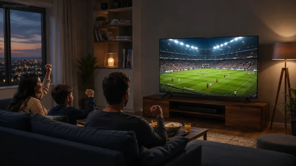 Família assistindo futebol à noite em Smart TV em sala aconchegante.