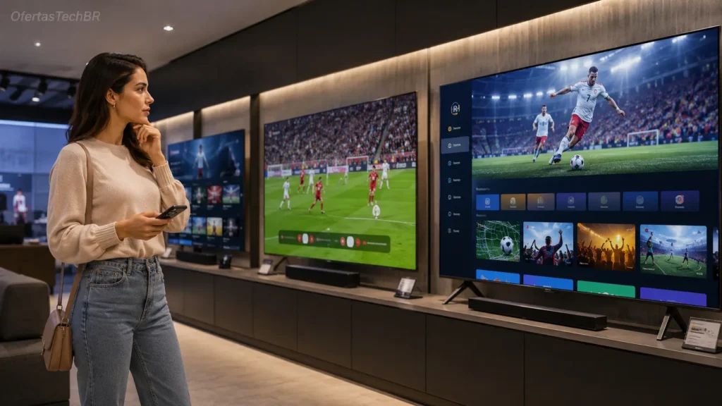 Mulher comparando opções de TV aberta YouTube e streaming em Smart TVs.