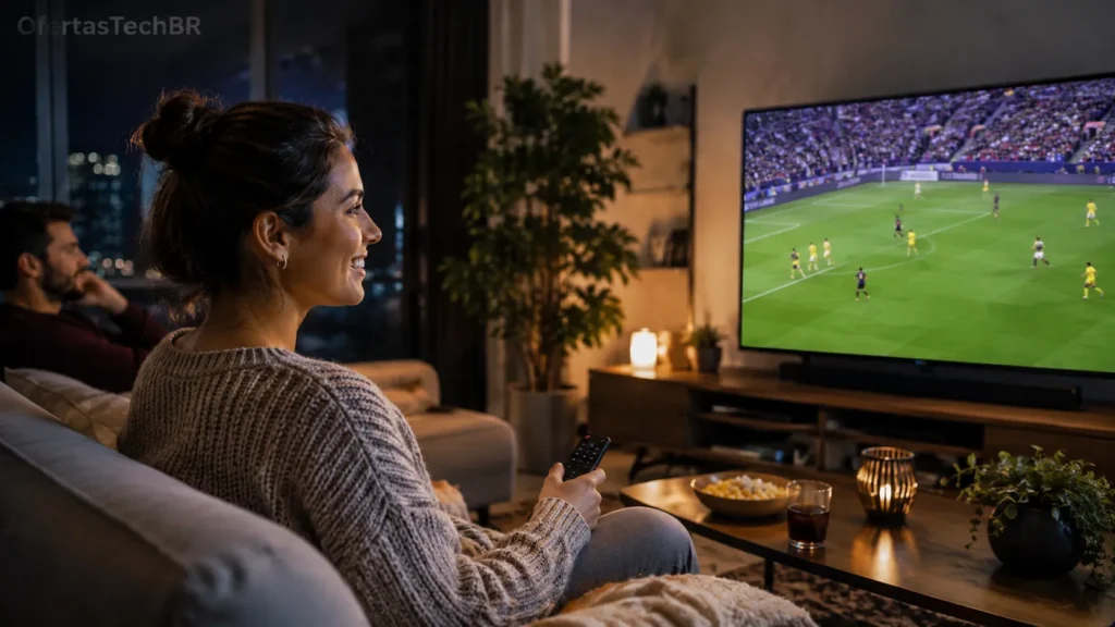 Mulher assistindo futebol na Smart TV em casa durante a noite.