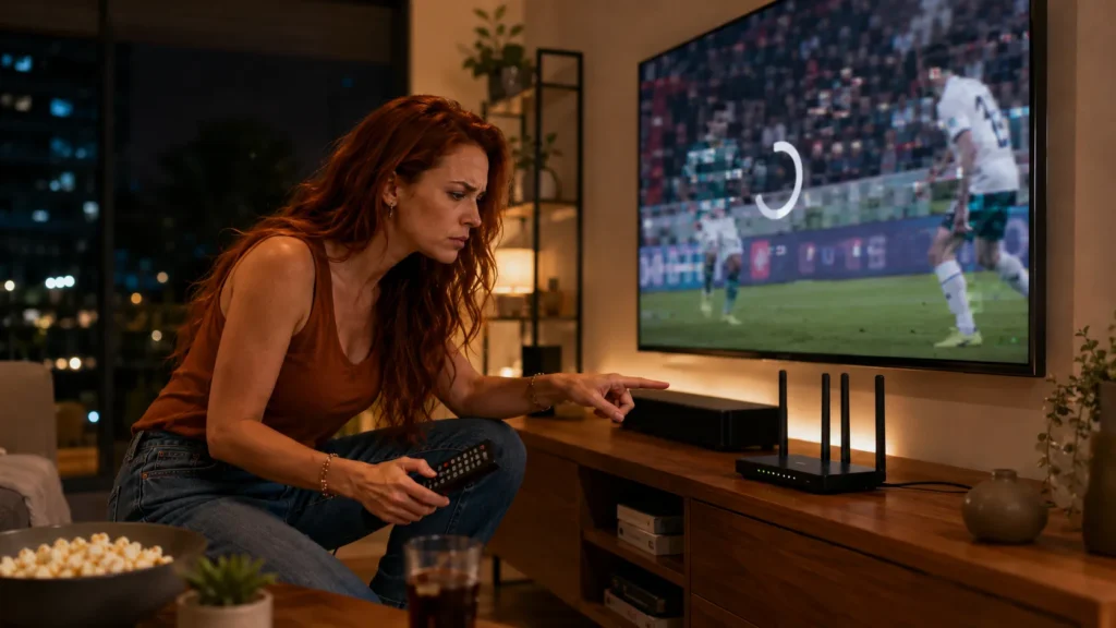 Mulher ajustando roteador com CazéTV travando na Smart TV durante jogo ao vivo.