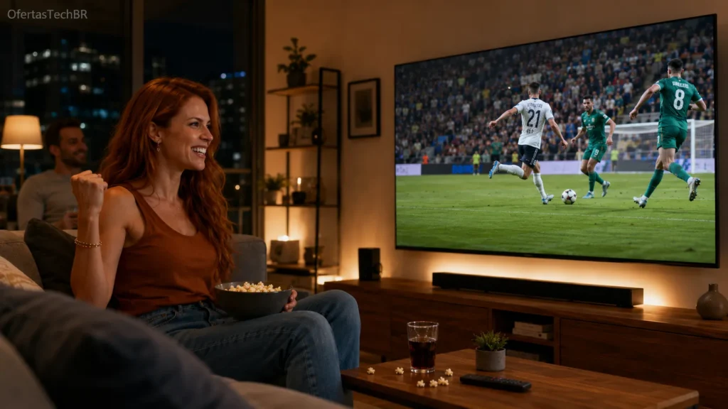 Mulher assistindo CazéTV sem travar na Smart TV durante jogo de futebol ao vivo.