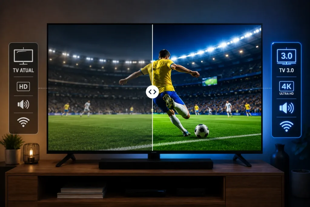 Comparação entre TV atual e TV 3.0 durante transmissão de futebol.