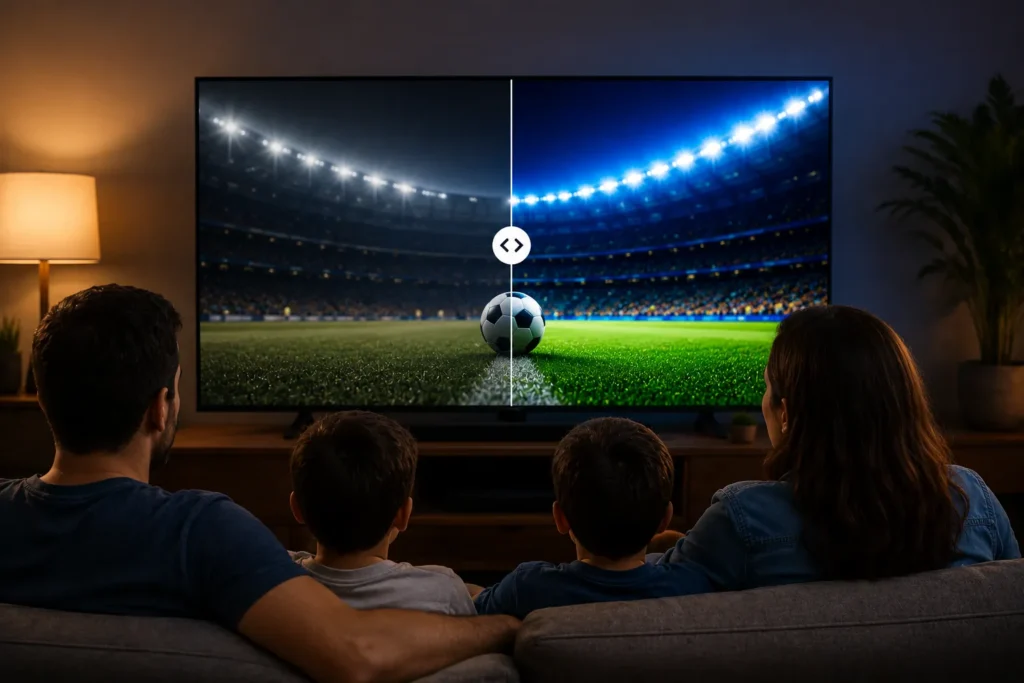 Família assistindo futebol em Smart TV durante a transição para a TV 3.0.