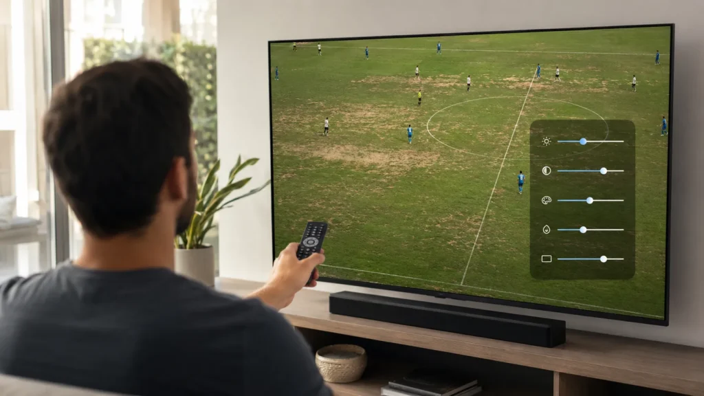 Pessoa usa o controle remoto para ajustar brilho, contraste e cores da TV durante uma partida de futebol.