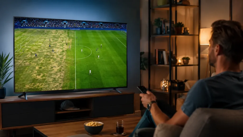 Tela de TV dividida mostra gramado manchado de um lado e verde uniforme do outro durante jogo de futebol.