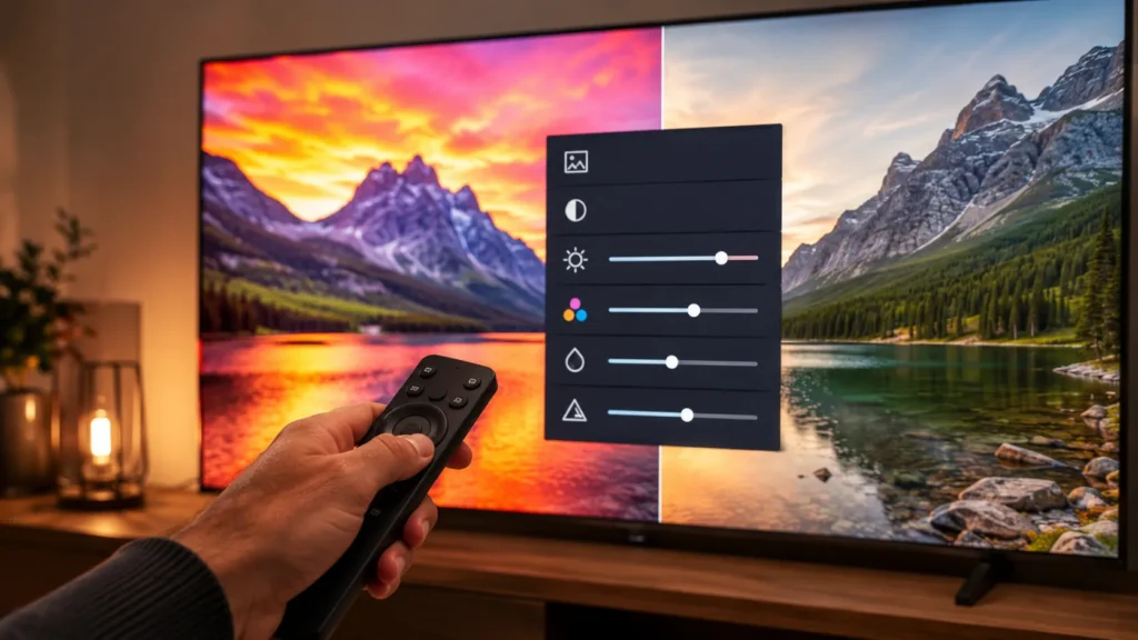 Mão segurando controle remoto diante da TV com menu de ajustes de imagem e comparação visual na tela.