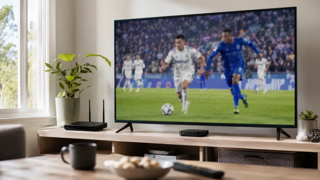 Sala de estar clara com TV exibindo jogo de futebol com imagem borrada e equipamentos próximos ao aparelho.
