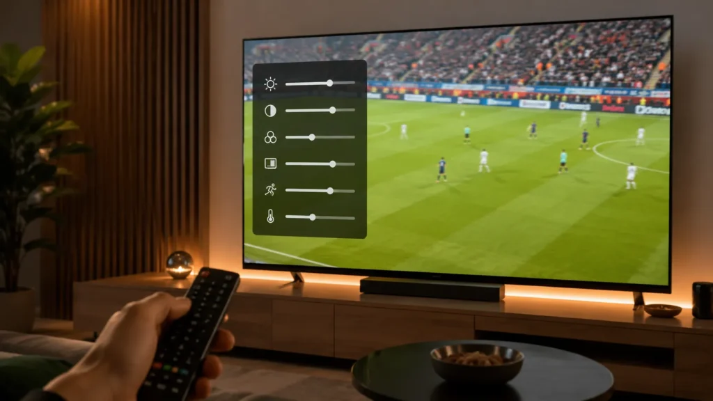 Controle remoto apontado para uma TV com partida de futebol ao fundo e painel visual de ajustes de imagem na tela.