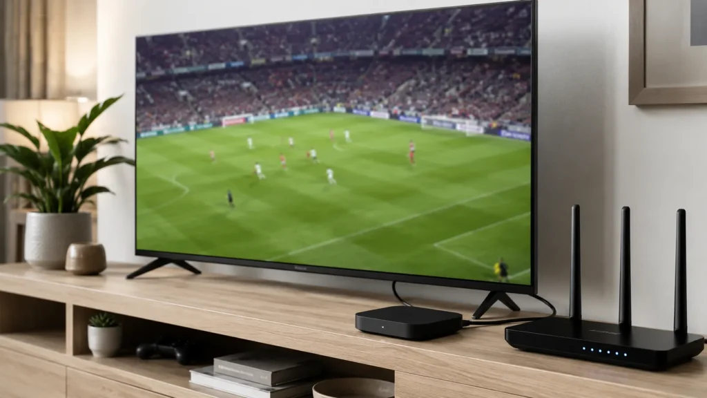 V mostra jogo de futebol com jogadores borrados ao longe, ao lado de roteador Wi-Fi e aparelho de streaming.