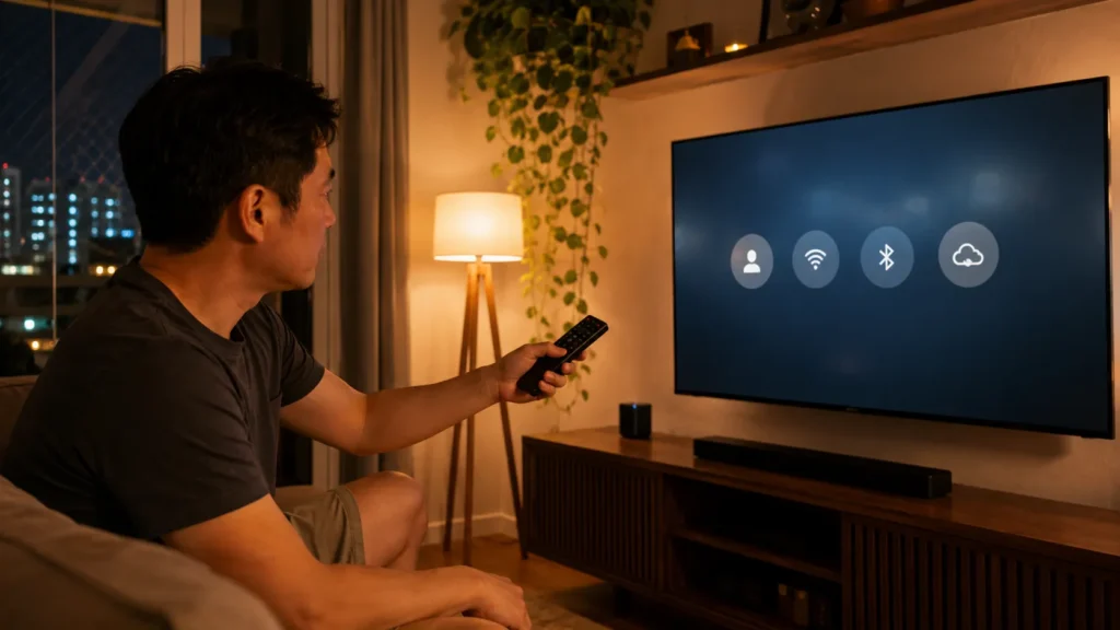 Homem removendo perfis e dispositivos conectados nas configurações de uma Smart TV.