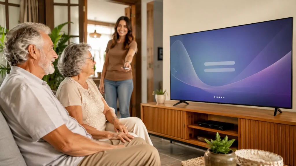 Casal recebendo uma Smart TV restaurada e pronta para configurar.