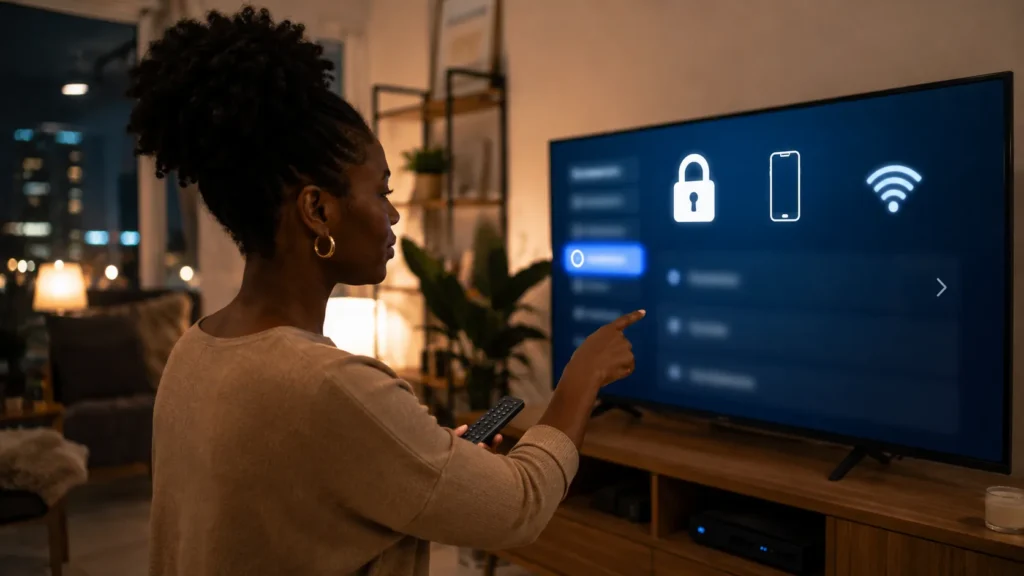 Mulher configurando privacidade e Wi-Fi para bloquear celular desconhecido na Smart TV.