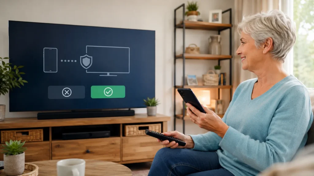 Mulher protegendo a Smart TV contra conexões e transmissões inesperadas.