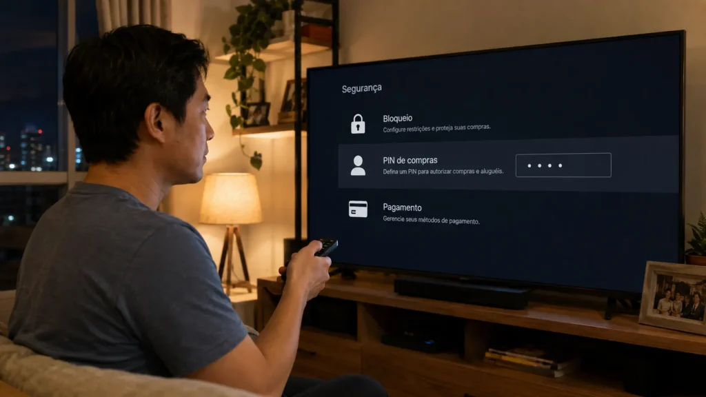 Homem ativando PIN para bloquear compras na Smart TV.